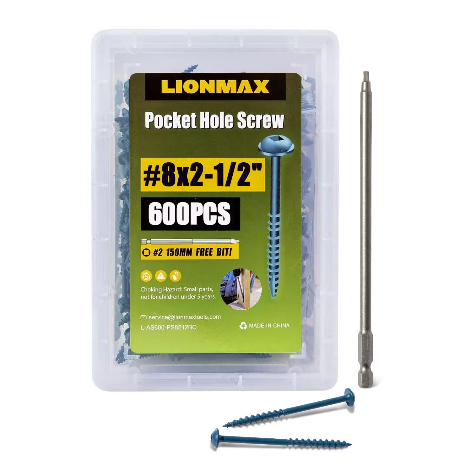 LIONMAX Pocket Hole Screws, #8 x 2-1/2" Exterior Pocket Screws 600PCS, Blue Coated for Weather Resistant, Coarse Thread, Washer Head with Square Drive, 150MM Drive Bit Included Image
