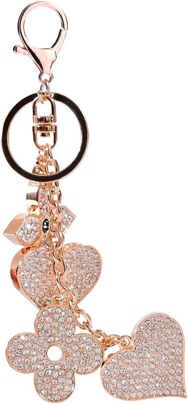 Sucolin Fashion Jewelry Four Leaf Clover and Heart Keyrings Crystal Bag Ornaments Car Keychains(Gold)