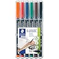 Staedtler Lumocolor Universal Pen, Medium, Felt Tip, Permanent Marker, Box of 6 Assorted Color Pens, 1.0mm 317 WP6