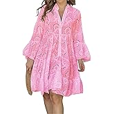 utcoco Women‘s Lined Embroidered Lace Eyelet 3/4 Trumpet Sleeve V Neck Half Button Swing A Line Mini Dress (XX-Large, Pink)