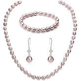 YAMI Pearl Necklace and Earrings Set, Black/Purple/White Pearl Jewelry Set, Natural Cultured Pearls with 925 Sterlings Silver