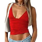 YFANG Women's Sexy Deep V-Neck Ruched Crop Tank Top Slim Fit Spaghetti Straps Crop Top