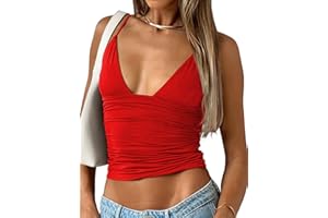 YFANG Women's Sexy Deep V-Neck Ruched Crop Tank Top Slim Fit Spaghetti Straps Crop Top