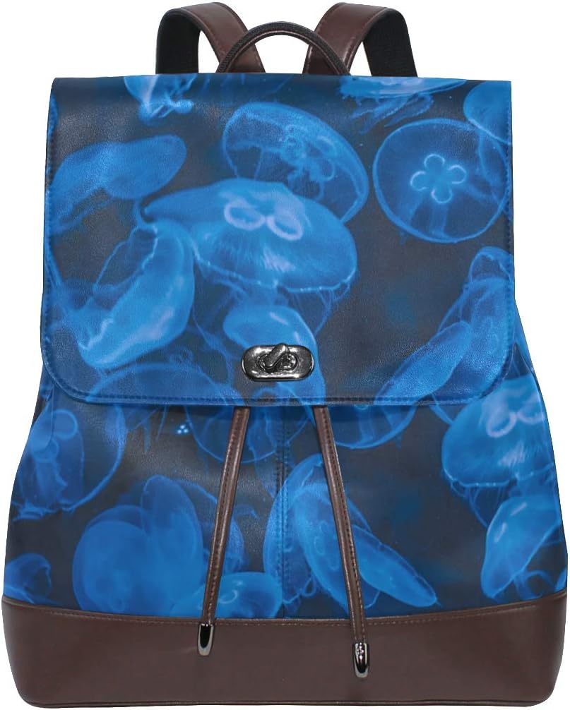 CLveg Backbag Pu Leather Printing Lightweight Bookbags School Backpacks for Teen Girls Boy Travel Leisure Blue Jellyfish Zipper Printing Bag