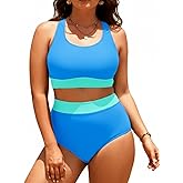 Aqua Eve Plus Size Two Piece High Waisted Bikini Swimsuits Scoop Neck Bikini Set Sporty Bathing Suits