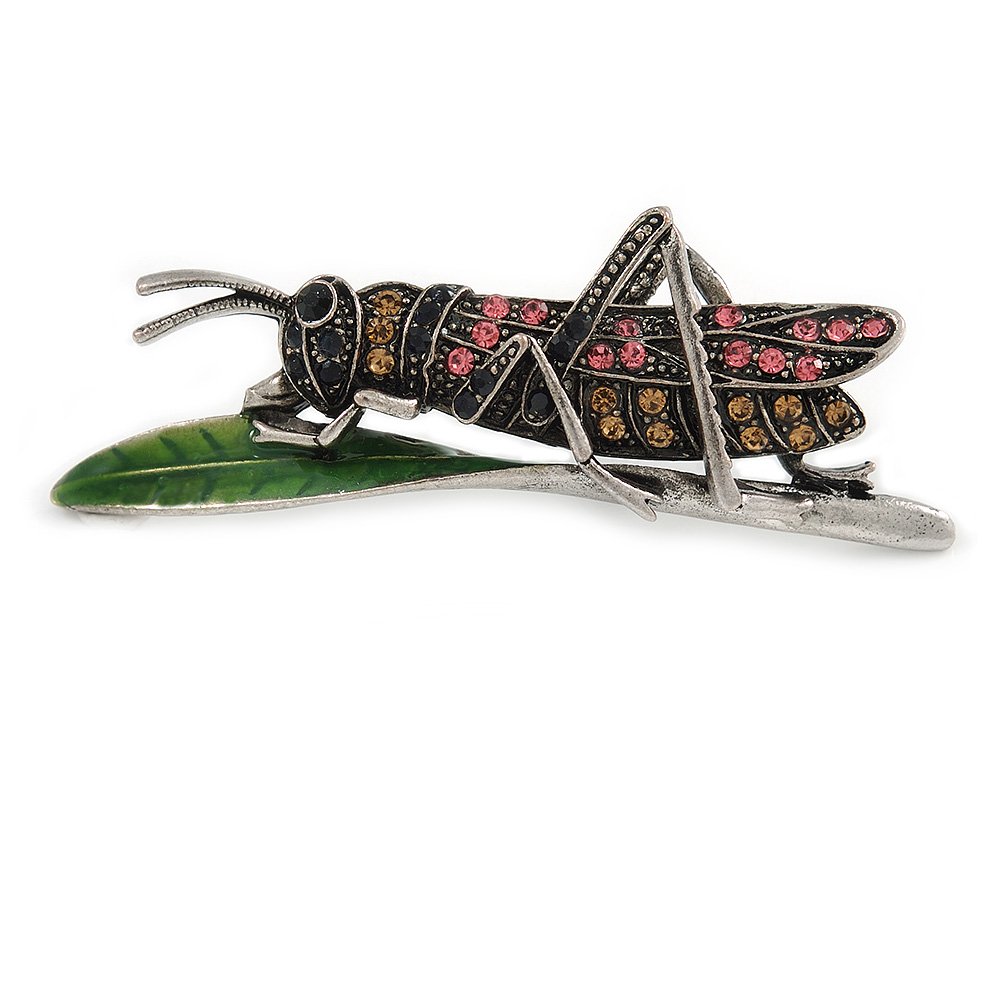 Vintage Inspired Pink/Citrine Crystal Locust/Grasshopper Brooch In Pewter Tone Metal - 70mm Across