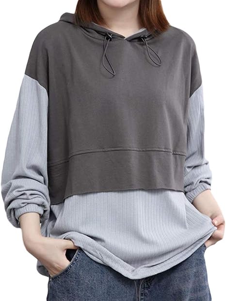 Amazon Shuming パーカー レディース 長袖 Tシャツ ゆったり トレーナー フード付き 重ね着風 トップス カジュアル おしゃれ プルオーバーパーカー 春 Freeグレー トレーナー パーカー 通販