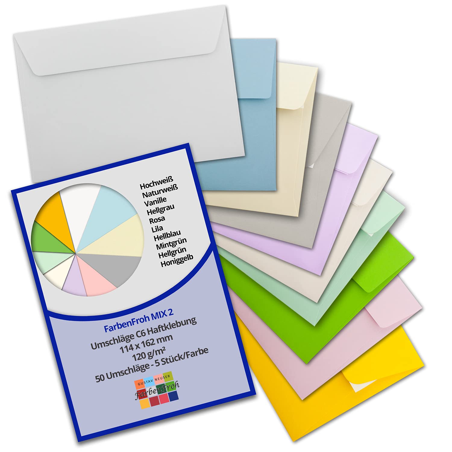 50 envelopes - Color Mix Package 2 - DIN C6-114 x 162 mm - Self-adhesive envelopes without window for greeting cards & invitations - FarbenFroh series