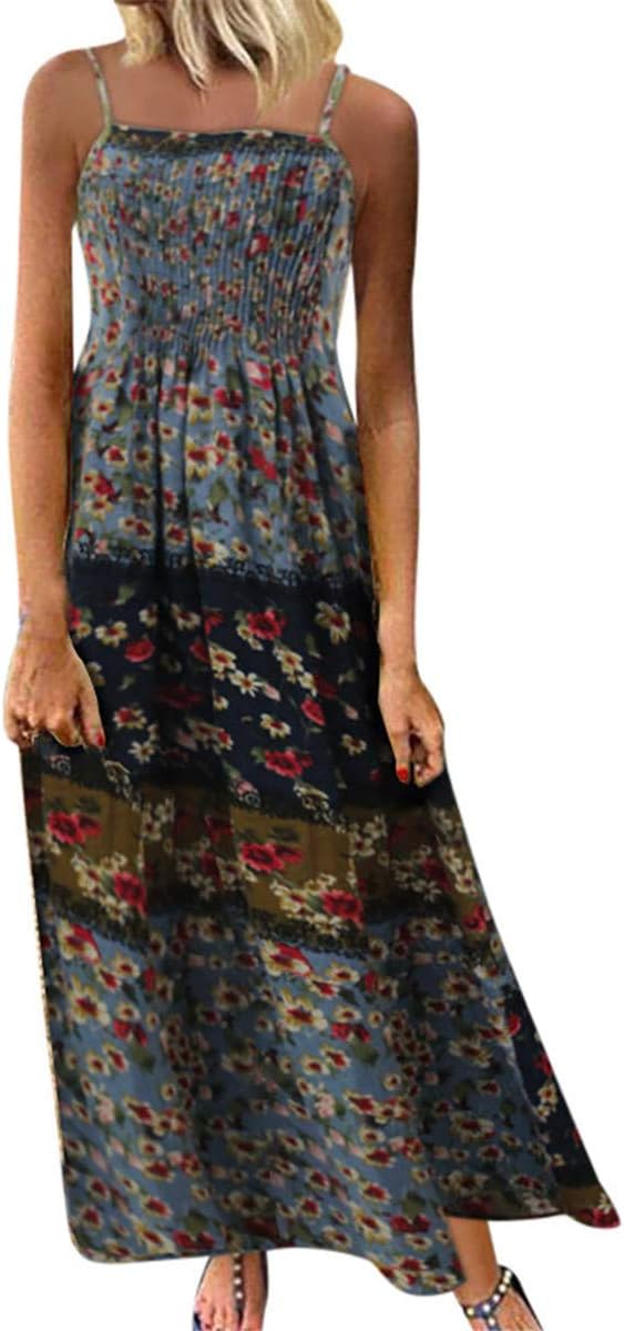 Kelry Womens Casual Loose Sleeveless Sundress O-Neck A-line Beach Summer Swing Tank Tunic Dress Plus Size Vintage Floral Printed Long Maxi Cotton Linen Dresses (S-5XL)
