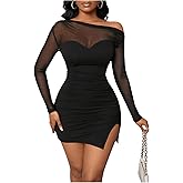 GORGLITTER Women's Asymmetrical Neck One Shoulder Patchwork Dresses Fall Mesh Long Sleeve Sexy Party Dinner Mini Dress