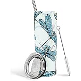Heqianco Dragonfly Gifts for Women-20 oz Tumbler With Lid and Straw Dragonfly Cups Insulated Stainless Steel Skinny Tumbler for Kids Water Bottle for Girls Coffee Mug