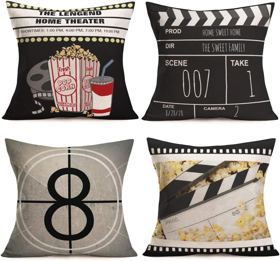 RoyaloursPillow Covers Retro Movie Theater Cinema Patterns Cotton Linen Decorative Throw Pillow Covers Pillow Case Cushion Cover Body Pillowcovers 18 x 18 Inches Set of 4 (Cinema Popcorn)