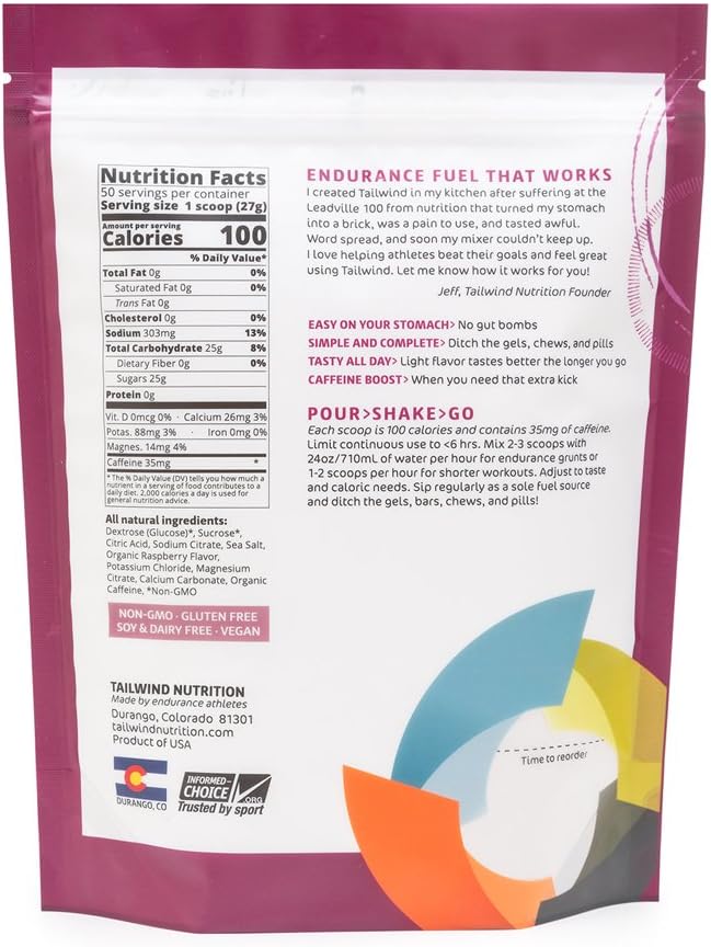 Tailwind Nutrition Caffeinated Raspberry Buzz Endurance Fuel 50 Serving - Hydration Drink Mix with Electrolytes, Carbohydrates - Non-GMO, Gluten-Free, Vegan, No Soy or Dairy: Health & Personal Care