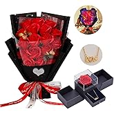 EIGHTOWN Roses Bouquet Artificial Flower - Preserved Red Rose Flowers with Love Necklace for Her - Unique Gifts Valentine's Day, Mother's Day, Thanksgiving, Birthday, Anniversary