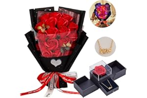 EIGHTOWN Roses Bouquet Fake Artificial Flower - Preserved Red Flowers with Love Necklace for Her - Unique Gifts Valentine's Day, Mother's Day, Thanksgiving, Birthday, Anniversary