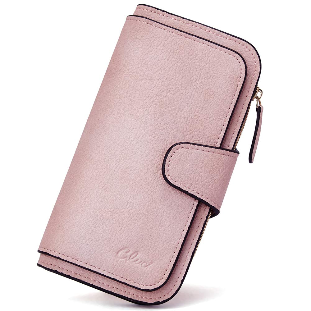Wallet for Women Leather Clutch Purse Long Ladies Credit Card Holder Organizer Oil Wax Pink