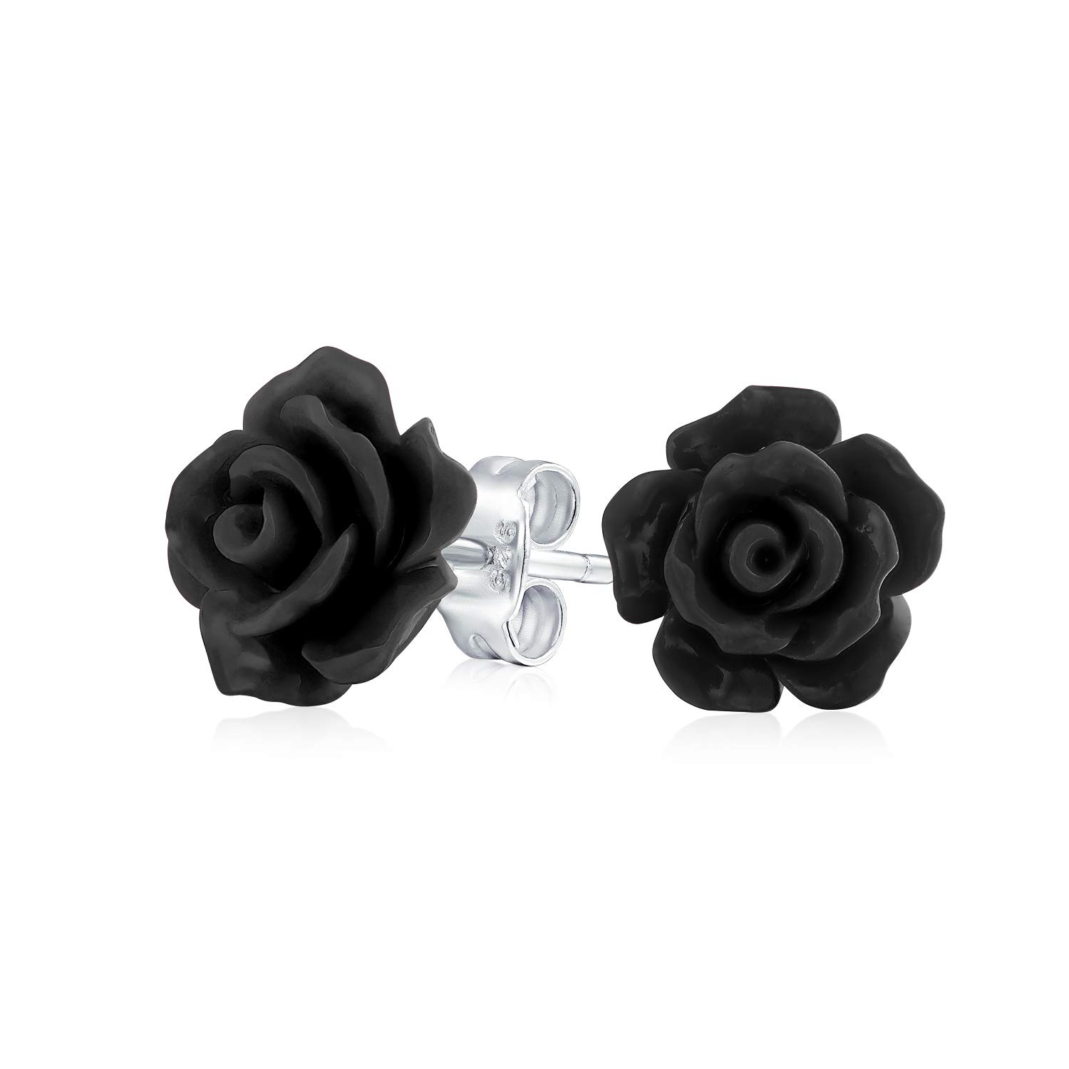 Romantic Delicate Floral 3D carved Black Rose Flower Stud Earrings For Women Teen For Mother Silver Plated Post — image 1
