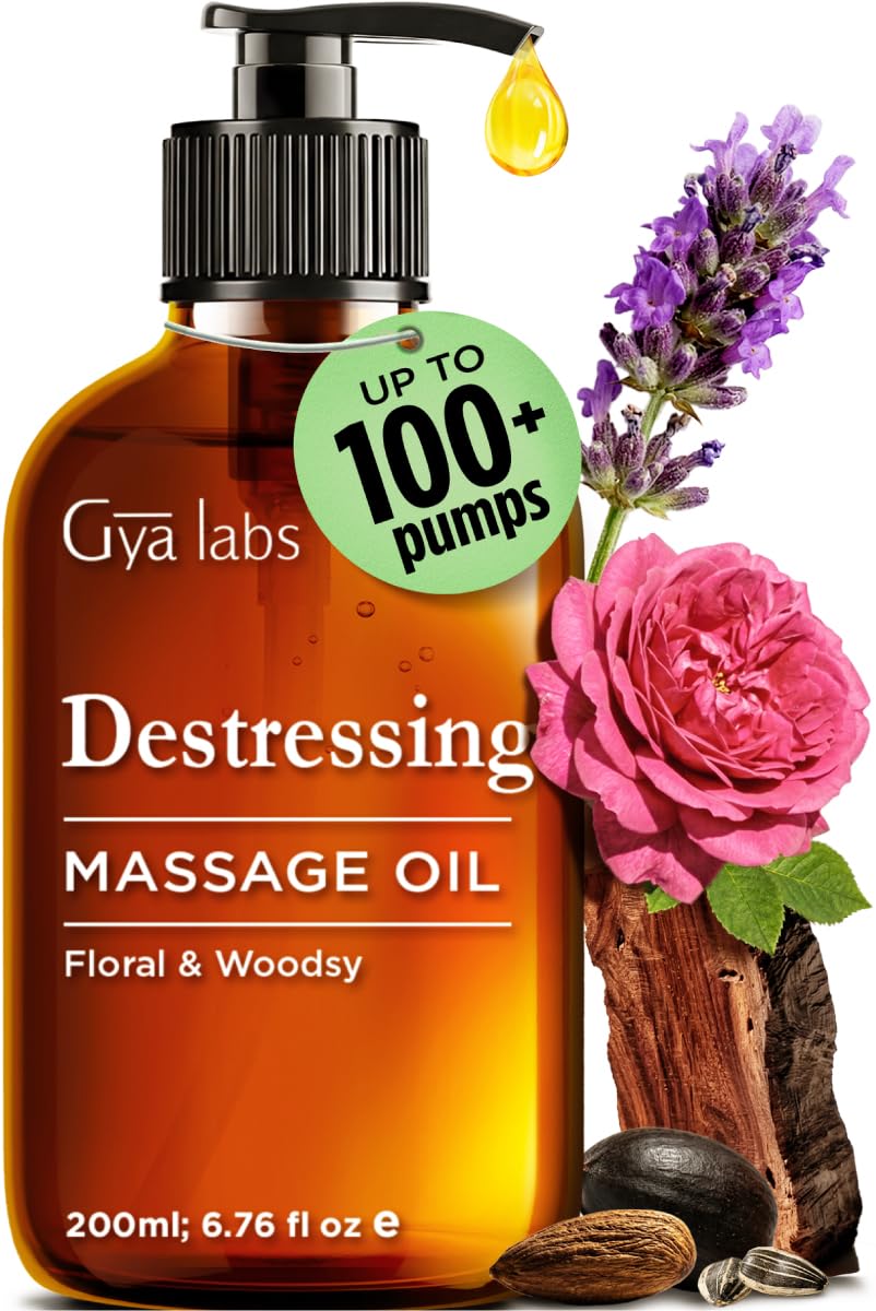 Gya Labs Destressing Massage Oil for Stress - Sore Muscle Oil Body Oil Massage Oils for Massage Therapy & Skin - Crafted with Lavender, Rose Otto, Rosewood, Myrrh, Jojoba & Argan Oils (200ml)