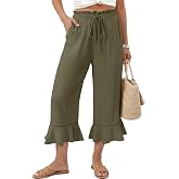 EVALESS Linen Pants Women Wide Leg Ruffle Hem Capri with Pockets | Summer Casual, Drawstring Elastic High Waisted, Womens Cropped Pants, Vacation Travel Outfits