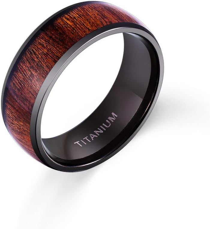 POYA 8mm Black Titanium Ring with Wood Inlay Domed Edges Comfort Fit Wedding Engagement Band