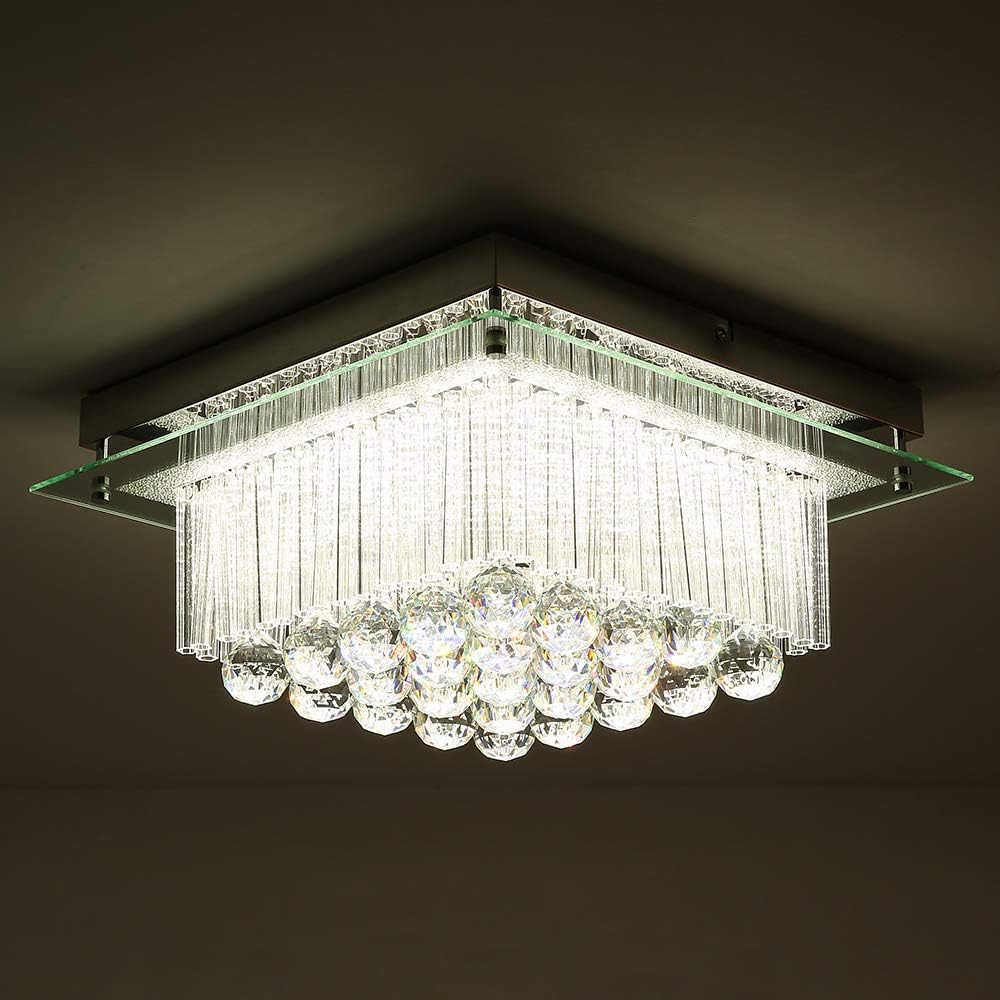 Horisun Modern K9 Crystal Raindrop LED Chandelier Dimmable Flush Mount LED Ceiling Light Fixture, ETL Listed, 2640LM, 4000K Daylight White Pendant Lamp for Dinning Room, Livingroom, Bathroom, Bedroom