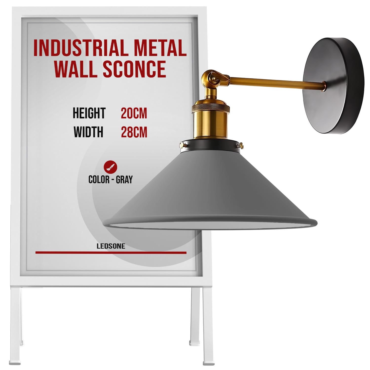 LEDSone Industrial Metal Adjustable Wall Sconce Gray E27 Wall Lamp Modern Indoor Light Fixture for Bedroom Hallway Living Room Cafe Bar Kitchen