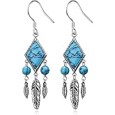 SHAOAN 925 Sterling Silver Feather Turquoise Dangle Drop Earrings Jewelry Gift for Women