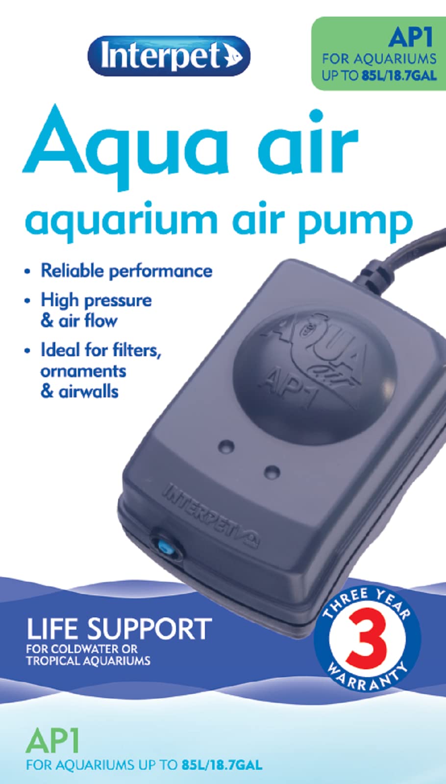 Interpet Aqua Air Oxygen Pump for Aquarium Fish Tank Aeration, Quiet, Powerful, 1 Outlet, AP1 for Aquariums 21-50 Litre, clear