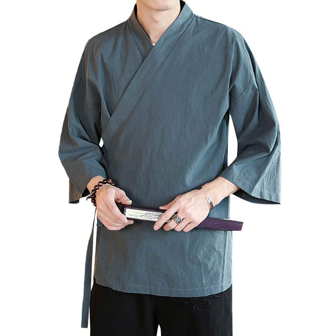 LLECDASEUI Heren Vintage Kimono Vest Katoen Linnen Wrap Front Japanse Jinbei Haori Jas Losse Fit Effen Kleur Hanfu Top, Groen, M