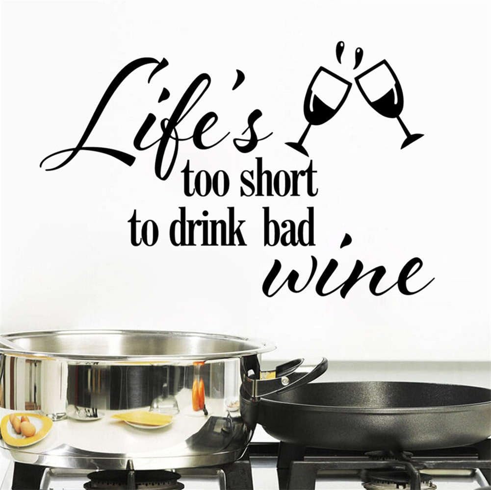 BIBITIME Double Wine Glasses Sayings Quotes Life's too short to drink bad wine Vinyl Wall Decal for Kitchen Window Shelf Living Room Dining Rooms PVC Decorations