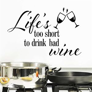 BIBITIME Double Wine Glasses Sayings Quotes Life's too short to drink bad wine Vinyl Wall Decal for Kitchen Window Shelf Living Room Dining Rooms PVC Decorations