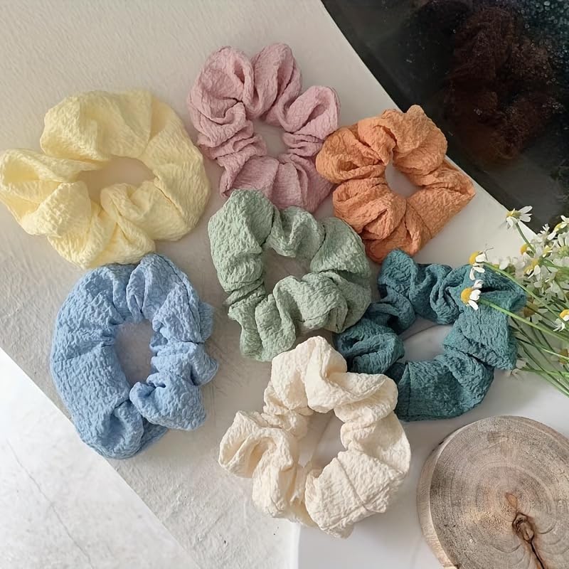 7-Piece Set Jersey Hair Scrunchies for Women - Minimalist Sweet Hair Ties, Pastel Solid Color Gentle Elastic Bands - Soft Textured Hair Ropes for Ponytails and Buns