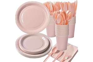 Pink Party Supplies - Disposable Dinnerware Set Serves 25 With Plates, Napkins, Cups, Forks, Knives, Spoons for Wedding, Brid