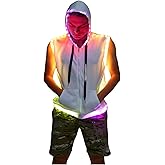 LEDPATY Men White Hooded Tank LED Light Up Sync Burning Man Rave Tops Night Club Show for Halloween Dance Party