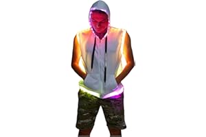 LEDPATY Men White Hooded Tank LED Light Up Sync Burning Man Rave Tops Night Club Show for Halloween Dance Party