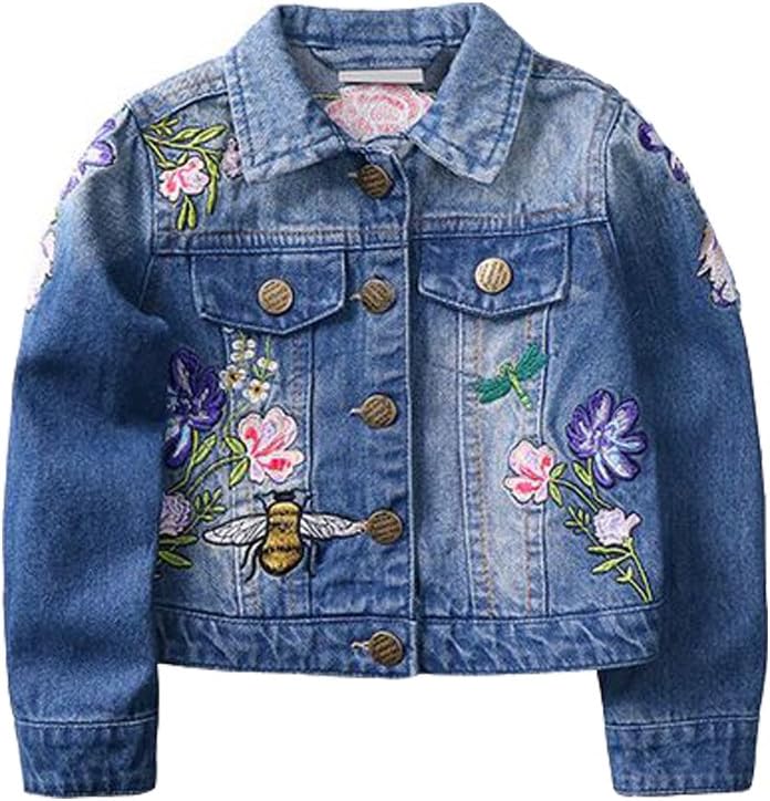 Kids Toddler Baby Girls Embroidered Reversible Jeans Denim Jacket Coat with Flower Sequin Embroidery (9-10)