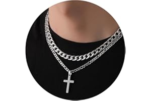 WEDDINEN Cross Necklace for Men Boys, Stainless Steel Layered Cross Pendant Cuban/Figaro Chains Jewelry Gifts