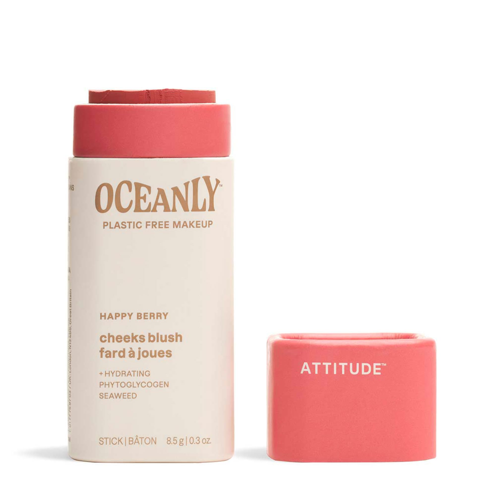 ATTITUDE Oceanly Plastic-Free Lightweight Blush Stick, Titanium Dioxide-Free, EWG Verified, Vegan Makeup, Happy Berry, 8.5 grams