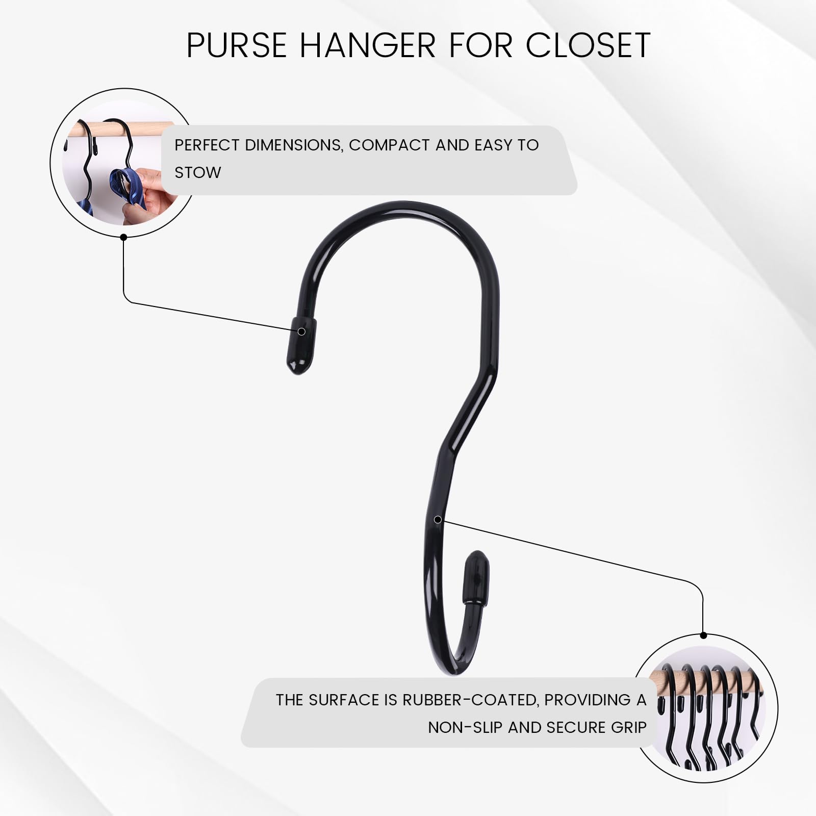 JOHOUSE 14PCS Purse Hanger for Closet, Large Size Closet Rod Hooks Black Vinyl Coated Bag Hanger Organizer Hooks Unique Twist Design for Bags Purses Handbags Hats