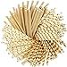Paper Straws - 160-Pack Gold Colored Fun Biodegradable Drinking Straws with Coral Stripes, Polka Dot, Chevron, and Star Designs