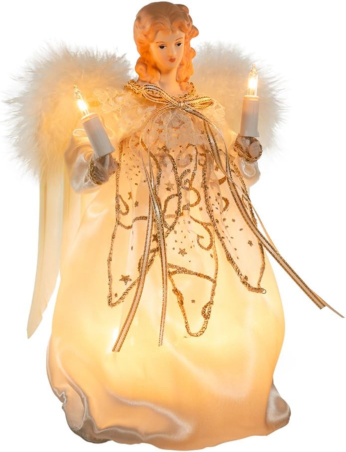Tree Toppers - Kurt Adler 10-Light 9-Inch Ivory and Gold Angel Treetop