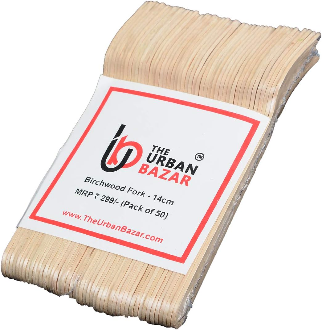 THE URBAN BAZAR Birchwood Disposable Wooden Fork Biodegradable, Compostable and Natural -14 cm Length Perfect for Parties and Crafts - Pack of 50