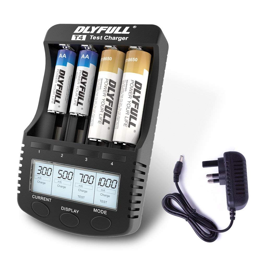 Dlyfull Speedy Universal Battery Charger with LCD Display 4-Slot Multifunctional Smart Battery Charger for NiMH NiCD AA AAA C SC & 18650 18490 14500 10400 17500 17355 16340 26650 26500 22650 Batteries