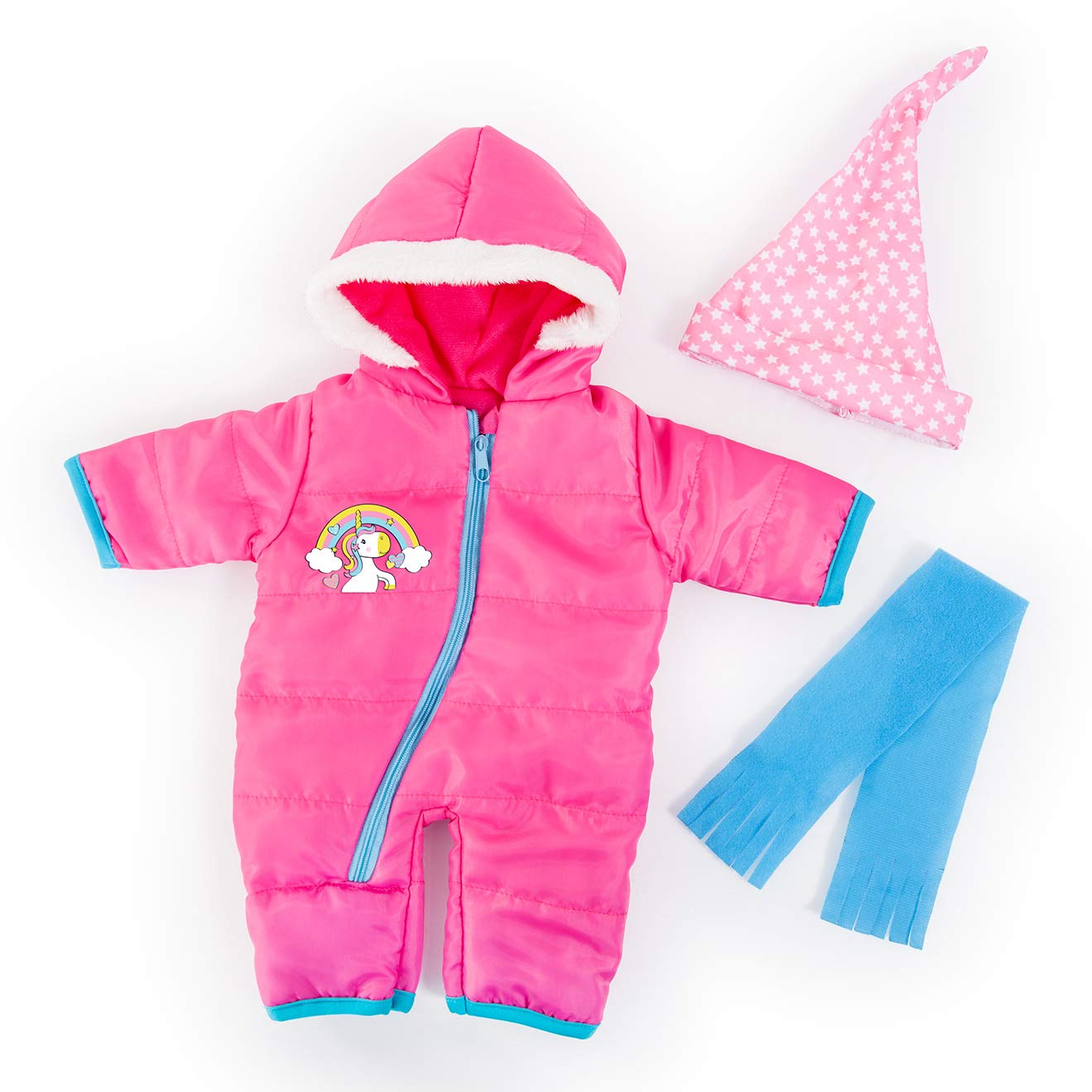 Bayer Design Dolls clothing for 16 to 18 inch, snow overall, scarf, cap, winter outfit, unicorn