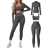 Simlakey Women 3 Piece Seamless Workout Set Sports Bra High Waisted Gym Yoga Leggings Zip Up Jacket with Thumbhole Activewear