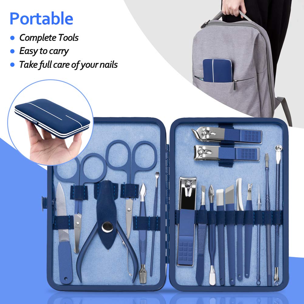Manicure Set, Pedicure Kit, Nail Clippers, Professional Grooming Kit, Nail Tools 18 in 1 with Luxurious Travel Case for Men and Women 2020 Upgraded Version Blue : Beauty