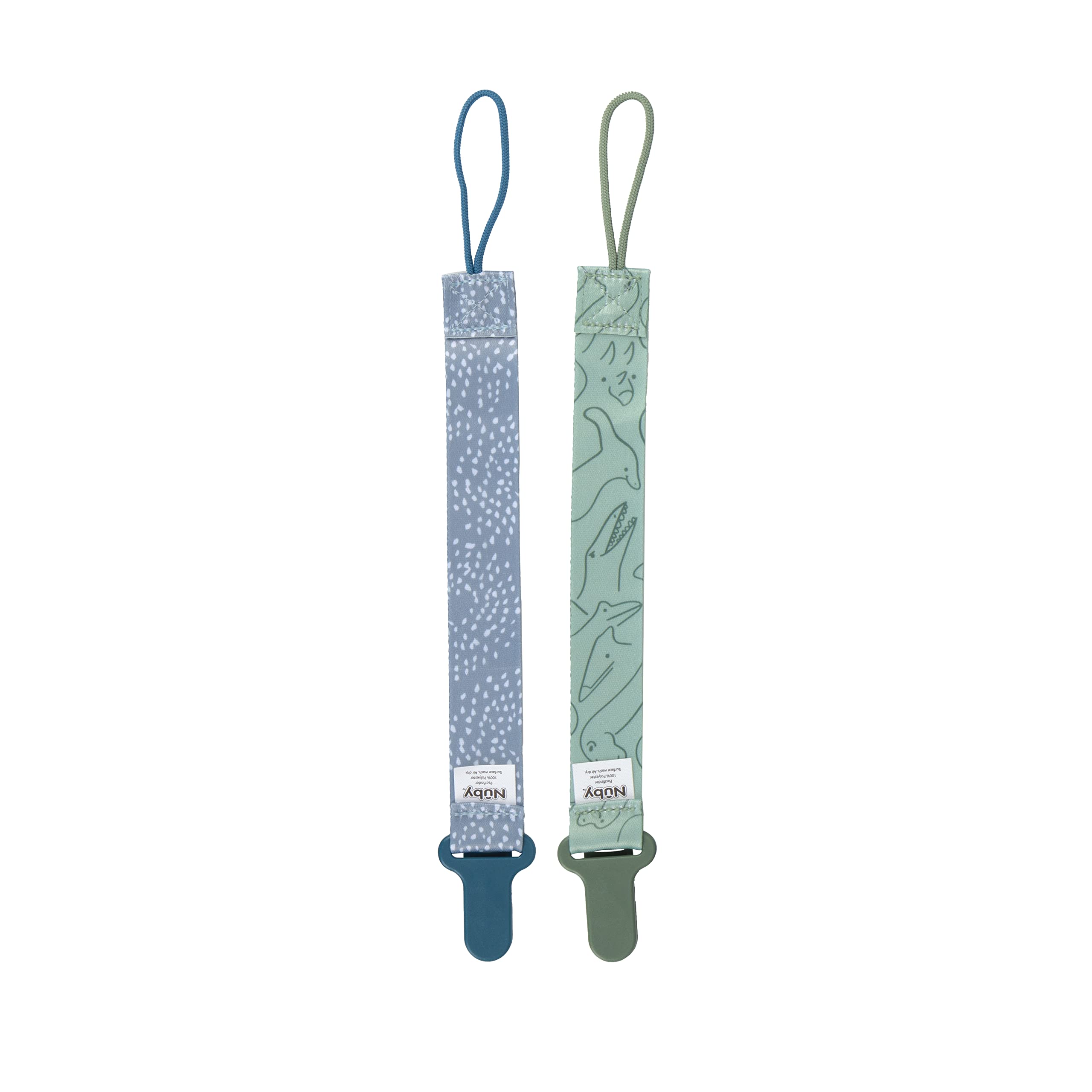 Nuby Pacifinder Baby Pacifier Clip - (2-Pack) - Pacifier Holder Clip with Convenient Hook Loop - Blue Dots and Green Dino