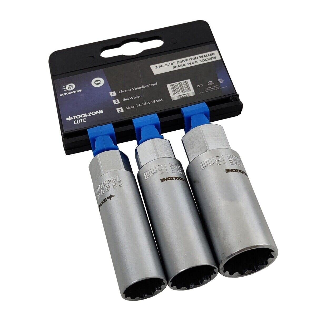 Dunnet Tools 3pc Spark Plug Socket Set 14mm 16mm 18mm Sockets Tools Metric 3/8" Deep Socket Set Spark Plug Removal Tool Heavy Duty Professional Mechanic Tools With Rubber Inserts Tools Set Mechanic
