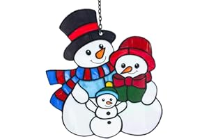giole Snowman Stained Glass Window Hanging, Christmas Stained Glass with Chain, Suncatcher Christmas Oranaments for Windows Home Wall Decor