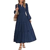 MEROKEETY Winter Spring Midi Dresses for Women 2026 Casual Vacation Long Sleeve V Neck Tiered Cotton Maxi Dress Pockets